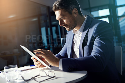 Buy stock photo Thinking man, tablet and working investment financial worker with web finance analytics data. Office, business man and accounting manager typing a fintech strategy for corporate stock market company