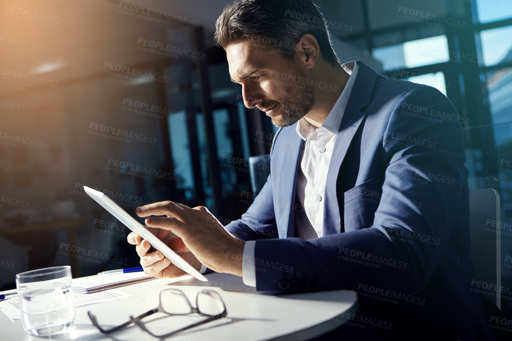 Buy stock photo Thinking man, tablet and working investment financial worker with web finance analytics data. Office, business man and accounting manager typing a fintech strategy for corporate stock market company