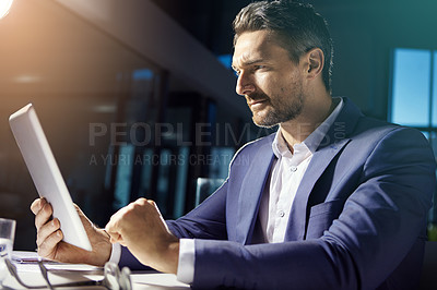 Buy stock photo Technology, bright office and businessman with tablet reading online crypto wallet data. Financial trading, cryptocurrency and investment, thinking man and digital market research analytics on web.