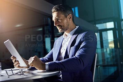 Buy stock photo Thinking, tablet and working business man planning with web finance trading analytics. Office, accounting investment employee and boss typing a tech strategy report for a stock market company