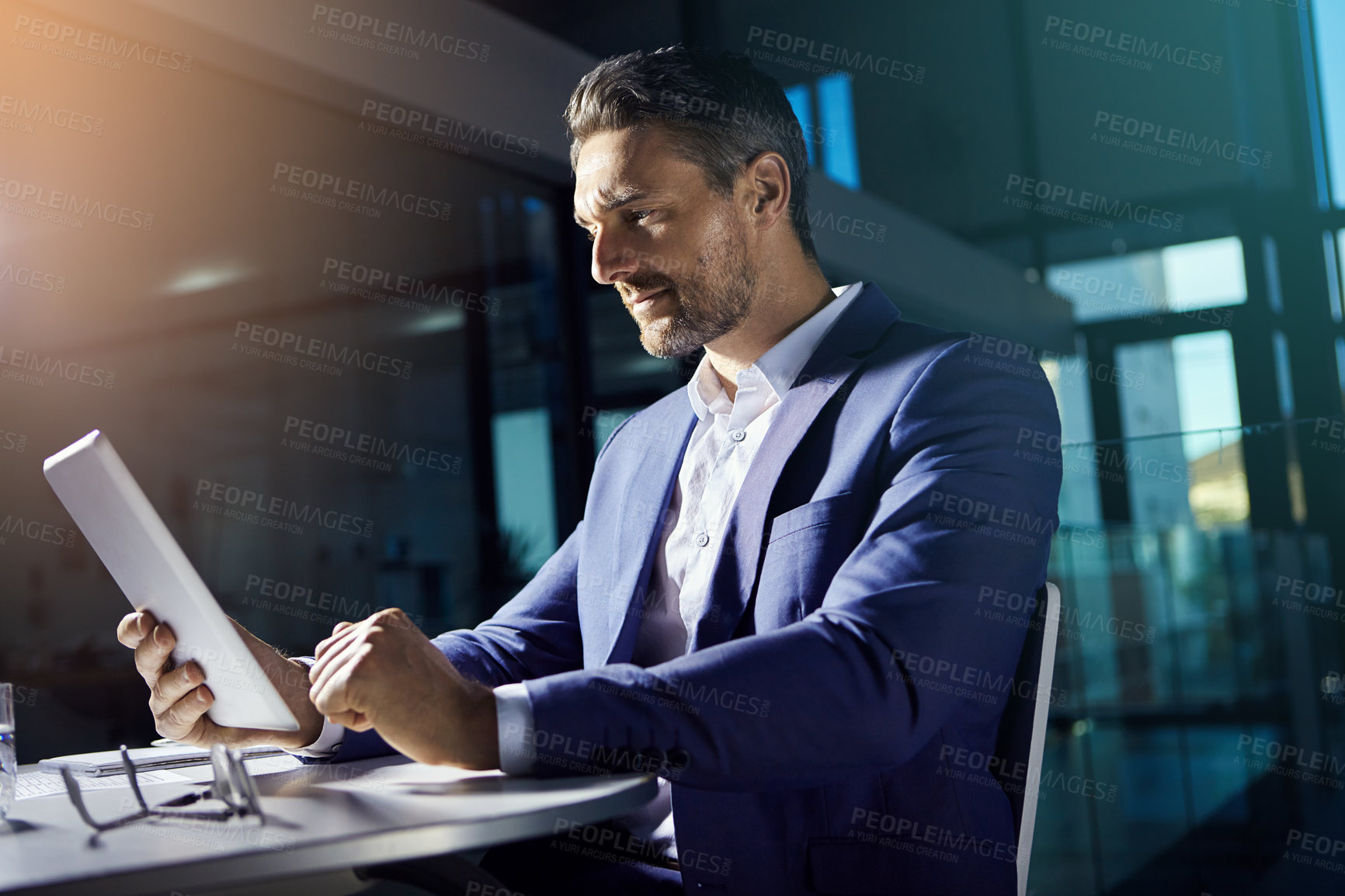 Buy stock photo Thinking, tablet and working business man planning with web finance trading analytics. Office, accounting investment employee and boss typing a tech strategy report for a stock market company