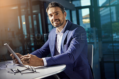 Buy stock photo Portrait, tablet and research with a business man on a mission in his office at work for success. Corporate, internet and search with a male employee, manager or boss working on his company vision