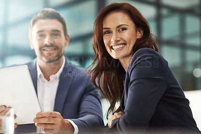 Buy stock photo Woman, portrait and business people in meeting in office workplace. Face smile, teamwork and happy man, female or employees with tablet technology planning sales strategy or researching information.
