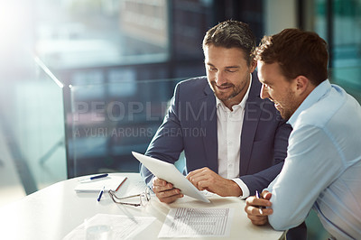 Buy stock photo Tablet work, happy and business people in meeting for planning, collaboration and strategy. Smile, speaking and corporate men reading information on technology for a plan, ideas or teamwork in office
