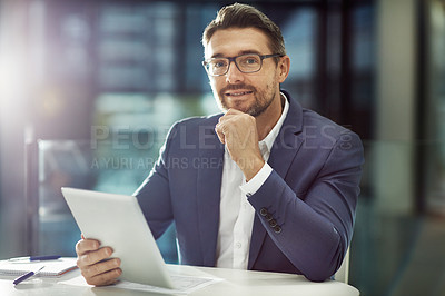 Buy stock photo Portrait, tablet and business man in office workplace, researching or working. Face, technology and male employee from Canada holding digital touchscreen for networking, internet browsing or email.