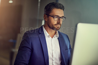 Buy stock photo Office laptop, reading and business man doing feedback review of financial portfolio, stock market or investment. Online economy research, bitcoin mining and trader trading nft, forex or crypto