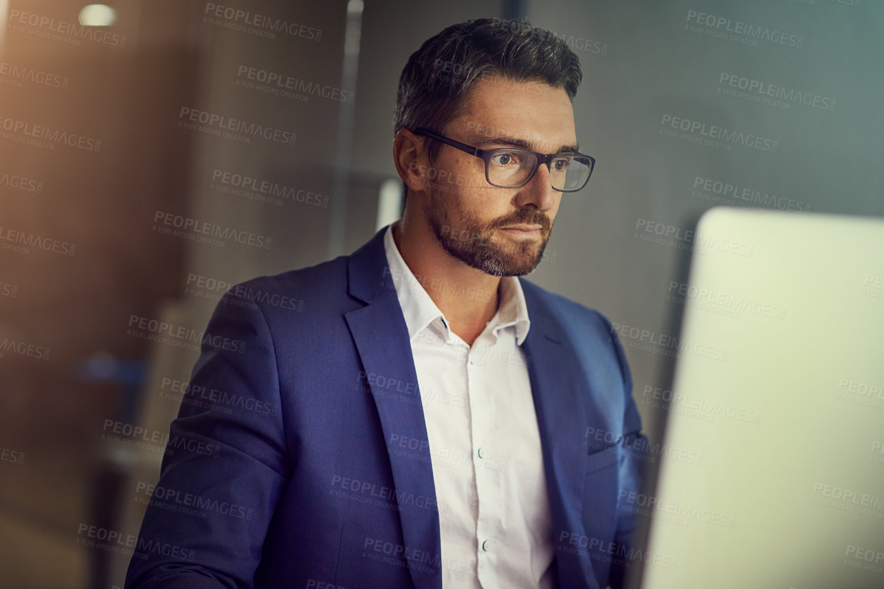 Buy stock photo Office laptop, reading and business man doing feedback review of financial portfolio, stock market or investment. Online economy research, bitcoin mining and trader trading nft, forex or crypto