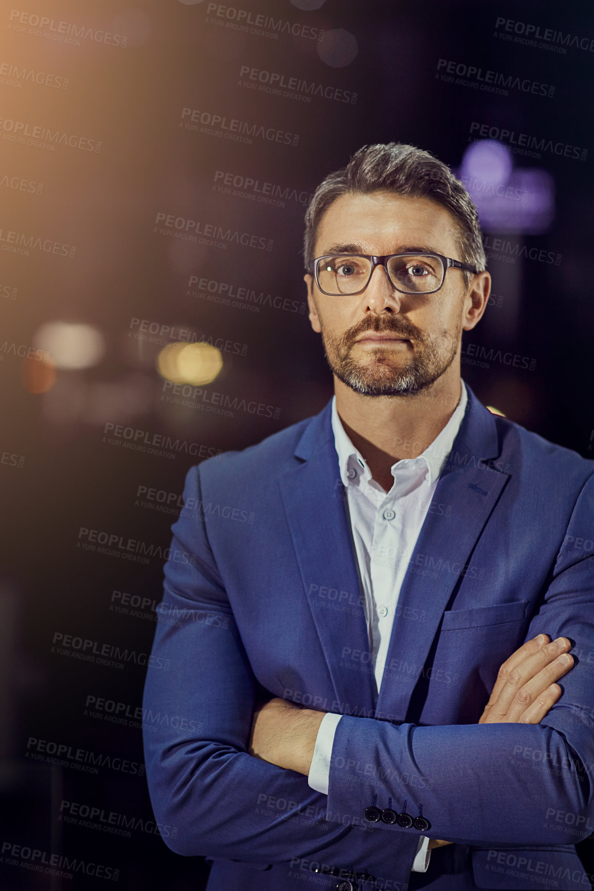 Buy stock photo Management, leadership and night with portrait of businessman in office for marketing, innovation or vision. Professional, executive and future with face of ceo focus on mindset, career or goals