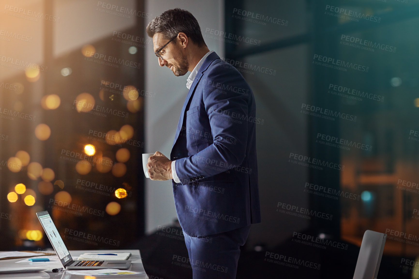 Buy stock photo Businessman, night or accountant on computer thinking of investment research, news or budget plan. Coffee, bokeh or financial advisor reading on technology for network, ideas or accounting report