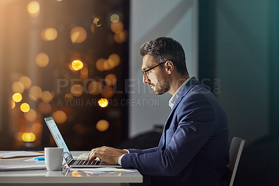 Buy stock photo Night, corporate and man typing, focus and digital marketing for website launch, connection and workplace. Male employee, leader and entrepreneur working late, online reading or thinking for business