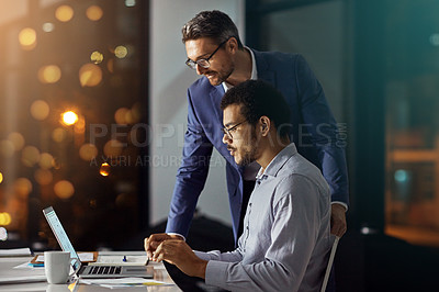 Buy stock photo Team, laptop and collaboration working at night in office for business meeting, planning overtime and report deadline. Business people, late and digital tech conversation or web design teamwork 