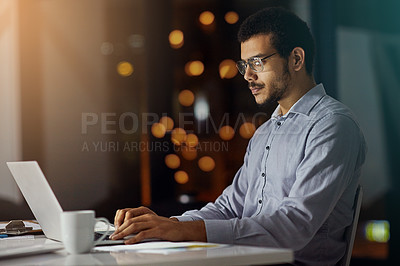 Buy stock photo Businessman, laptop and working at night in office for planning strategy, overtime research and big data report deadline. Corporate male, late and thinking with digital tech device for iot web design