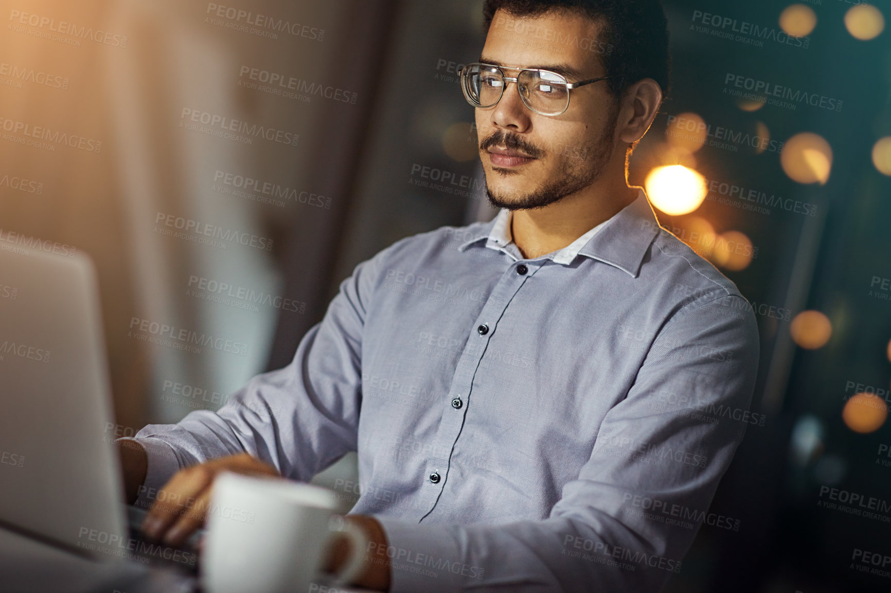 Buy stock photo Businessman, night and accountant on laptop for news, investment research and budget for profit. Economy growth, bokeh and financial advisor on technology for network, typing and accounting report