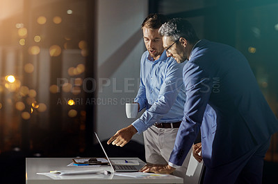 Buy stock photo Teamwork, review and night with business people at laptop for project management, planning or web design. Collaboration, goal and documents with employee in digital agency for marketing strategy