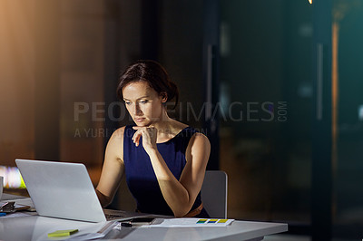 Buy stock photo Woman, laptop and thinking at office in night for planning, vision or analysis of data for mission. Corporate executive, computer and analytics for digital marketing on internet in dark modern office