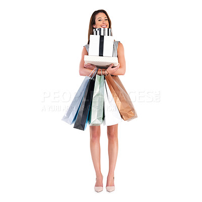 Buy stock photo Portrait, woman and shopping with bags in studio on white background for sale, discount and spend. Female person, happy and smile as customer with retail prices, bargain and gifts or present