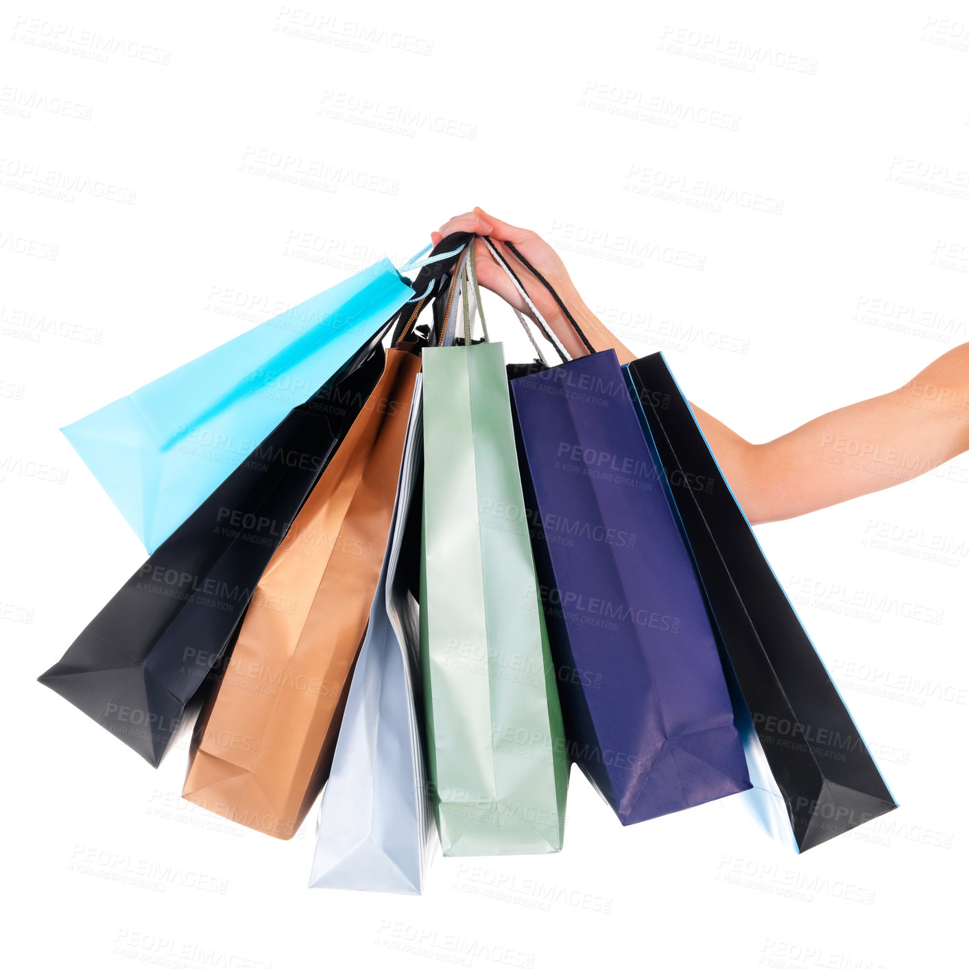 Buy stock photo Customer, closeup and shopping with bags for fashion, clothes and shoes in studio. Female person, holding and style for designer, retail and sale on isolated white background with mockup in store