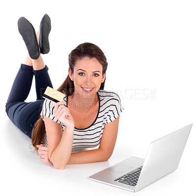 Buy stock photo Studio, woman and credit card with laptop for payment in online shopping, deal or sale on website.  Female person, ecommerce and fintech with smile on white background for promo, purchase and service