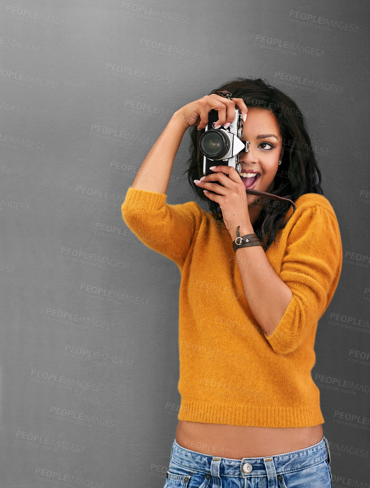 Buy stock photo Woman, photographer and happy with vintage camera in studio with tech for art, magazine or paparazzi by background. Girl, photoshoot and student journalist with gear, smile or project for college