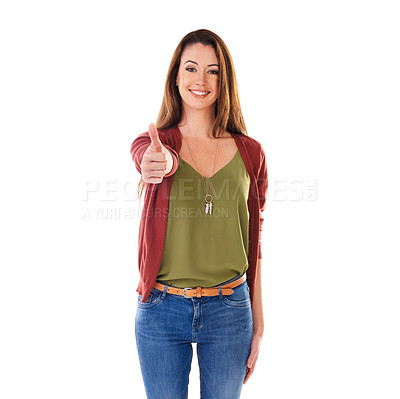 Buy stock photo Thumbs up, winning and portrait of a woman with a thank you isolated on a white background. Motivation, success and girl with a hand sign for agreement, goal and achievement on a studio background