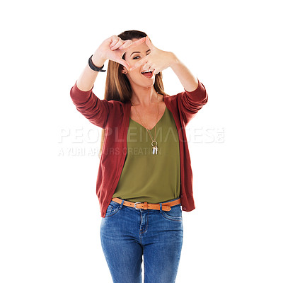 Buy stock photo Studio, smiling and woman framing with hands feeling happy and isolated against a white background. Portrait of fun, face happiness and joyful young female or person showing picture sign