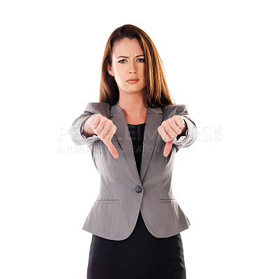 Buy stock photo Portrait, thumbs down and negative with a business woman in studio isolated on a white background. Review, vote and rejection with a female employee saying no on blank space for brand marketing
