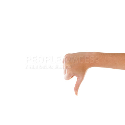 Buy stock photo Hand, thumbs down and mockup with an emoji in studio isolated on a white background for a logo or brand. Social media, negative and no with a gesture or sign of disagreement on blank mock up space