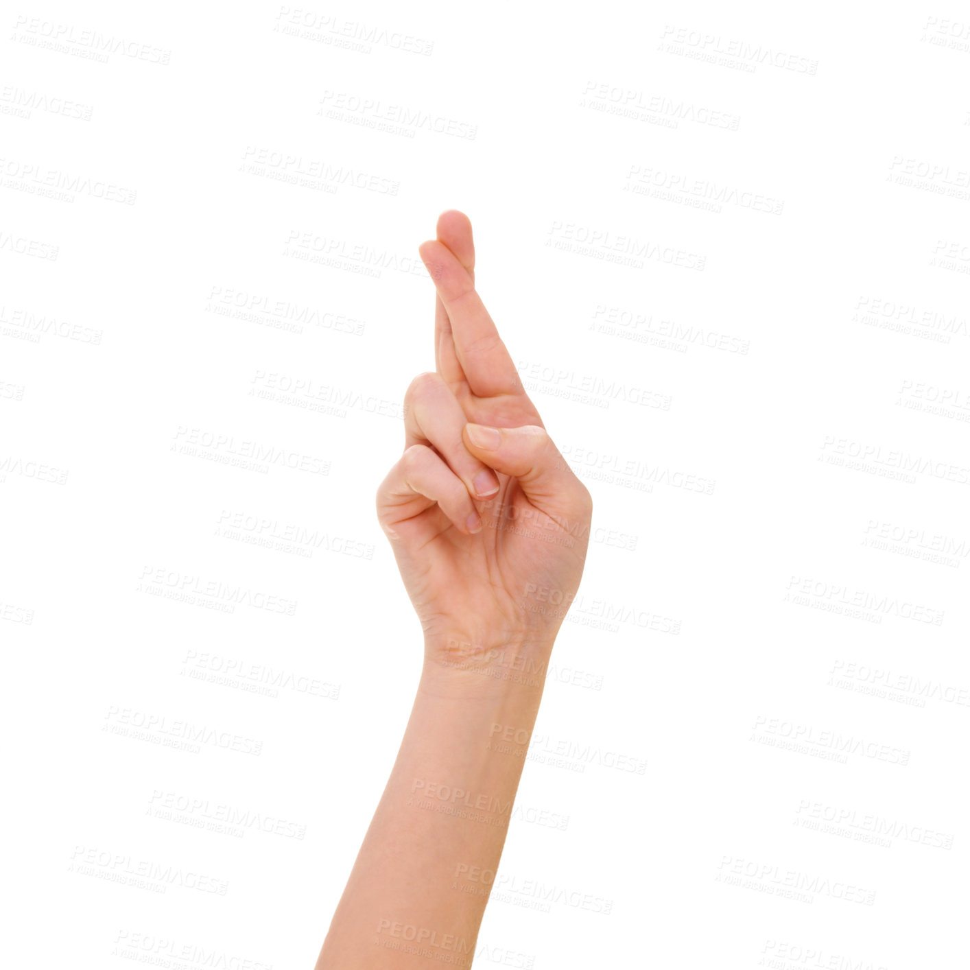 Buy stock photo Fingers crossed, hand and sign language gesture isolated against a studio white background. Luck, hope and wishing closeup with copy space showing optimism, superstition and positivity