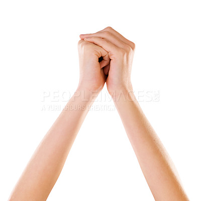 Buy stock photo Hands, worship and faith, person pray in studio with peace and religion isolated on white background. Help, trust and gratitude with God, belief and spiritual with prayer emoji, Christian and holy