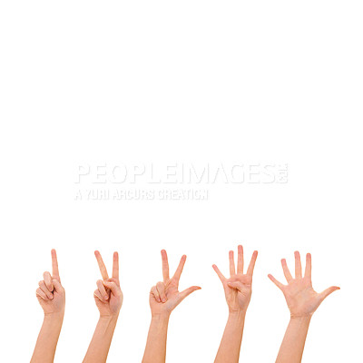 Buy stock photo Hands, count signs and numbers in a studio for learning, maths and calculation with mockup space. Fingers, counting and mathematics or education hand gesture with mock up isolated by white background