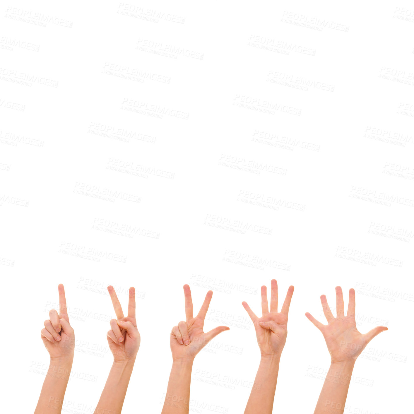 Buy stock photo Hands, count signs and numbers in a studio for learning, maths and calculation with mockup space. Fingers, counting and mathematics or education hand gesture with mock up isolated by white background