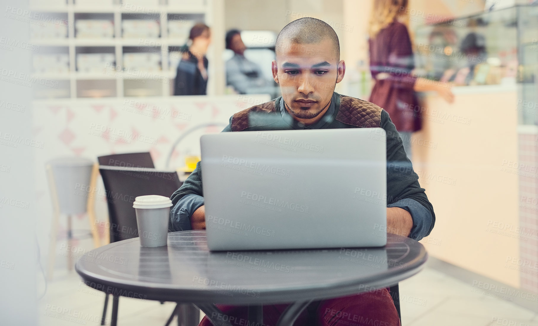 Buy stock photo Small business, man and laptop at cafe as store manager on internet or website for online orders. Male person, entrepreneur and serious at coffee shop with email, schedule and employee timesheet