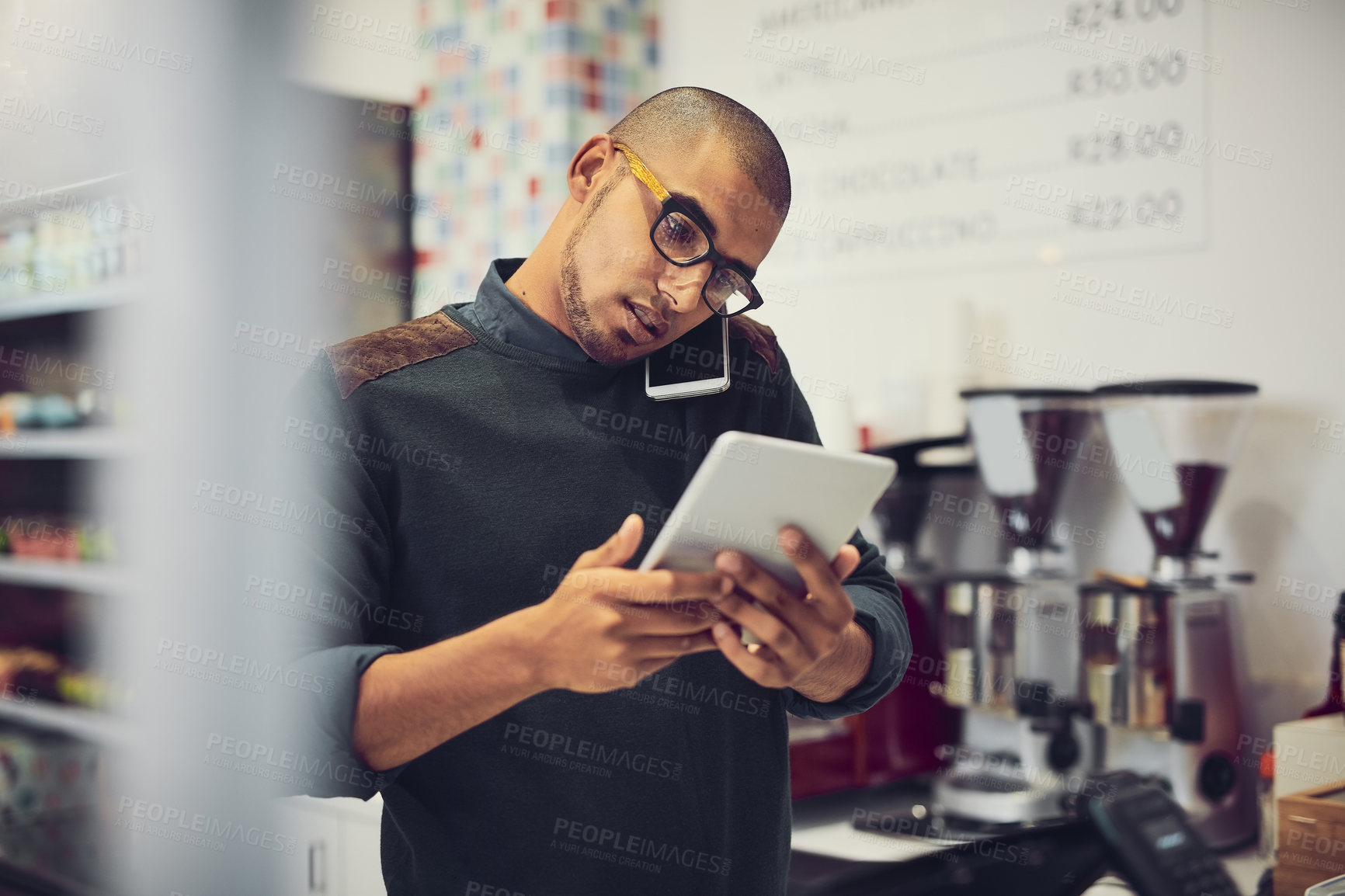 Buy stock photo Businessman, barista and tablet with phone call for order, online enquiry or purchase at coffee shop. Man, employee or waiter talking on mobile smartphone with technology for customer service at cafe