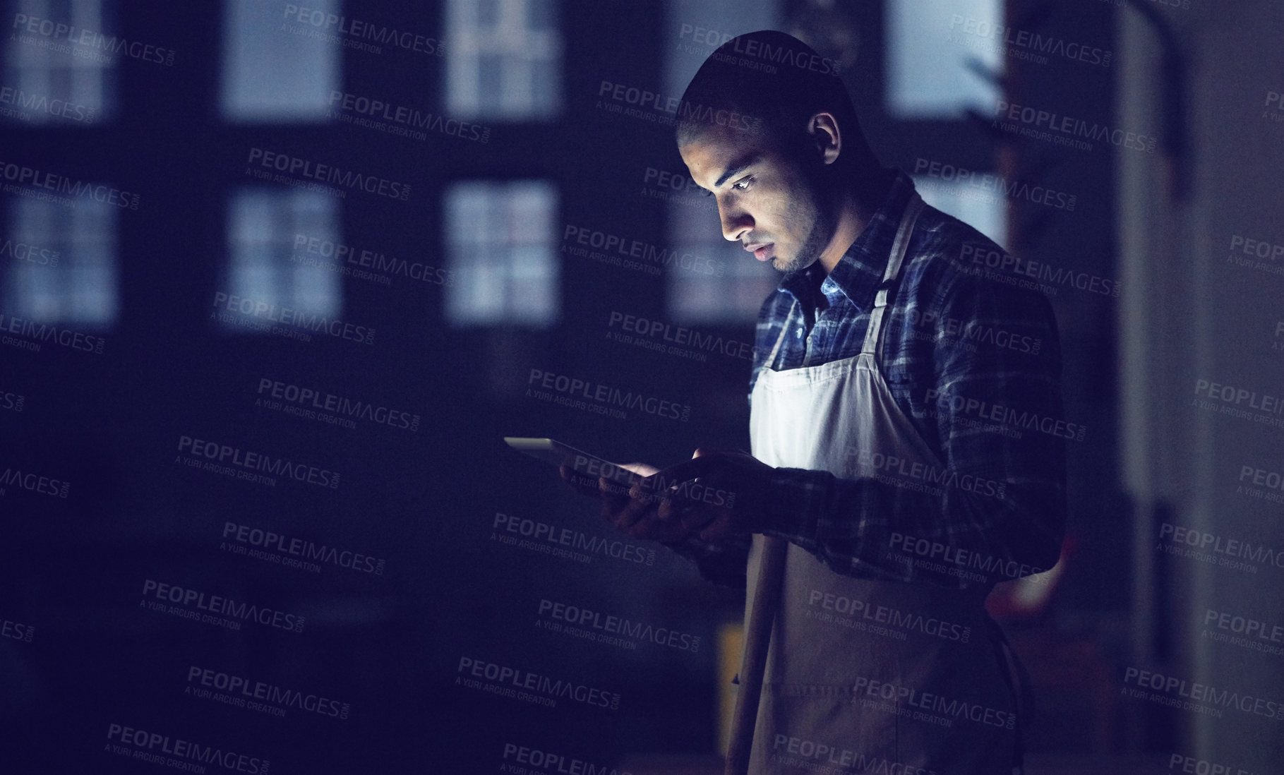 Buy stock photo Small business, night and man in coffee shop, tablet and service with typing, connection and startup. Person, entrepreneur and barista with technology, evening and communication with website info