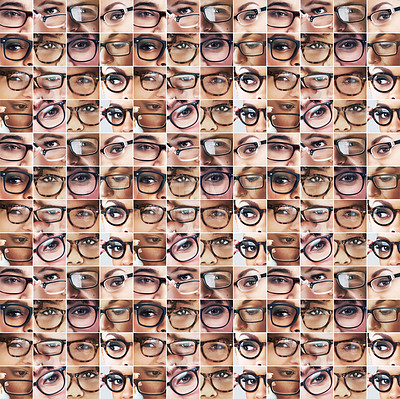 Buy stock photo Composite image of an assortment of eyes wearing glasses