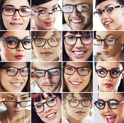 Buy stock photo Composite image of a diverse group of people wearing spectacles