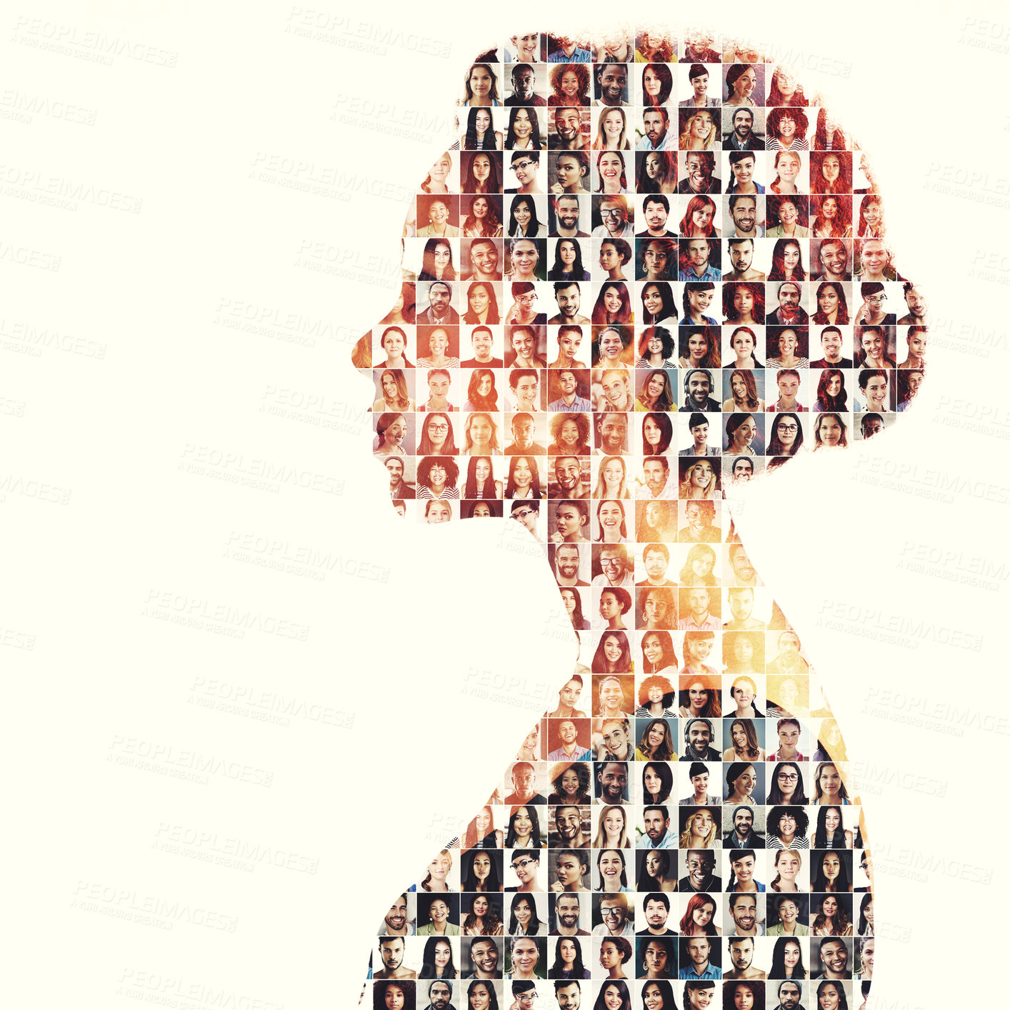 Buy stock photo Composite image of a diverse group of people superimposed on a woman's profile