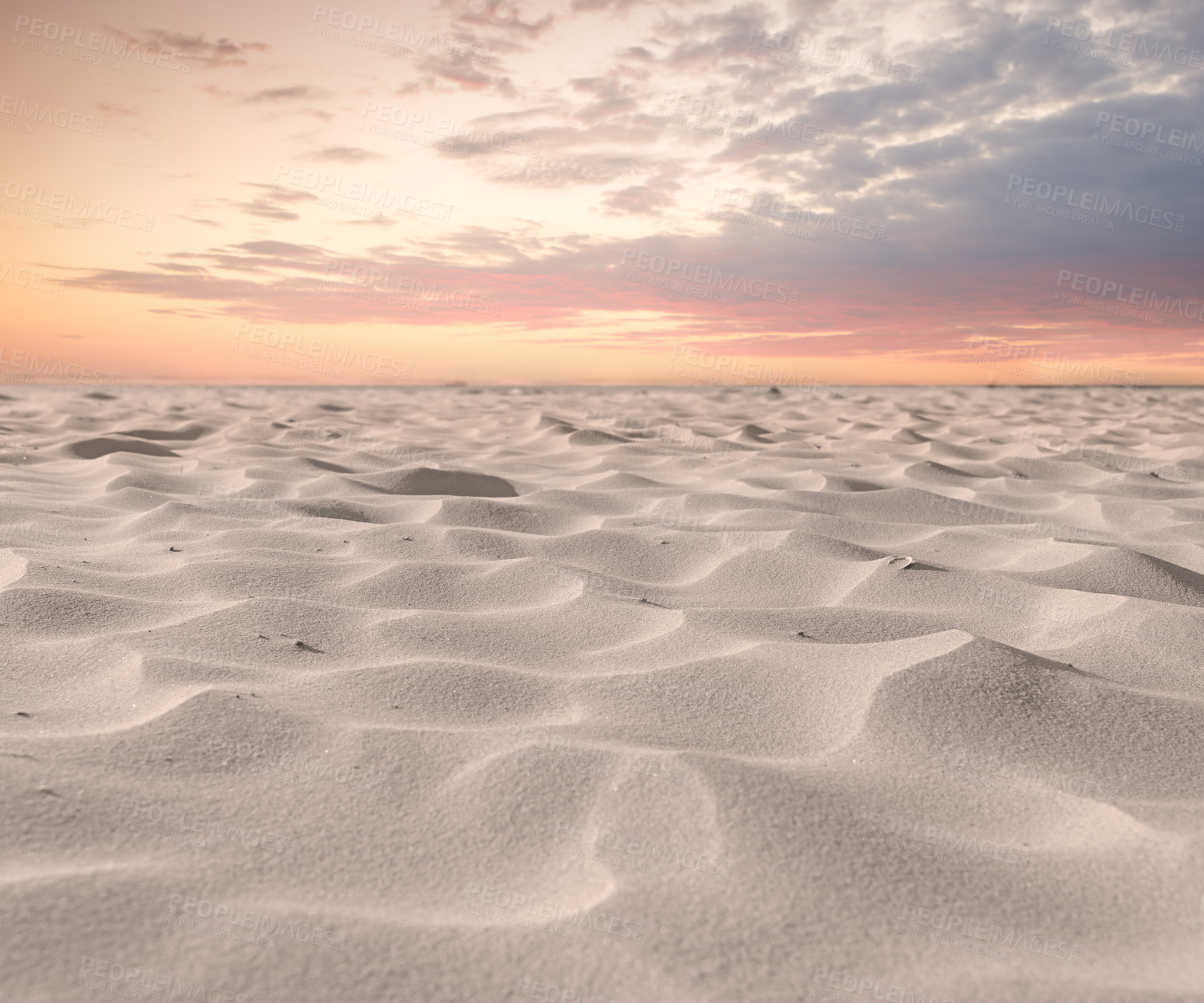 Buy stock photo Beach sand dunes in nature with moody twilight sky background and copyspace. Closeup of a scenic landscape outdoors with grainy surface texture. Calm desert to explore for travel and tourism