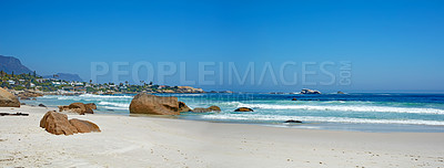 Buy stock photo Copyspace landscape and seascape view of a tropical beach in summer. Idyliic seaside tourist attraction abroad. Summertime holiday resort at the seashore on vacation. Beautiful exotic island 
