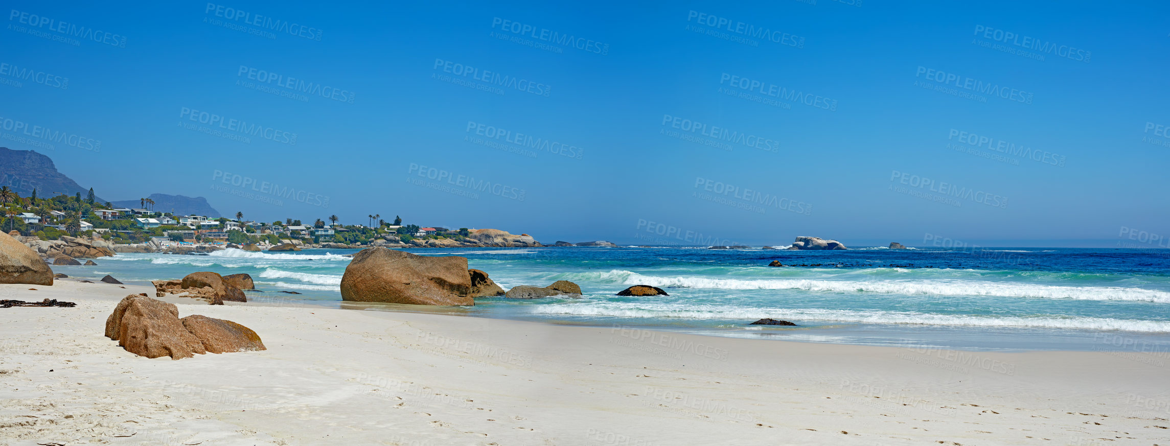 Buy stock photo Copyspace landscape and seascape view of a tropical beach in summer. Idyliic seaside tourist attraction abroad. Summertime holiday resort at the seashore on vacation. Beautiful exotic island 
