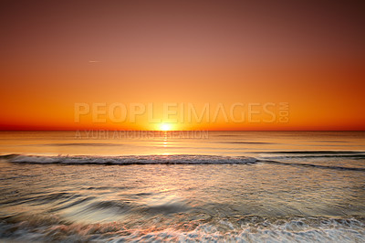 Buy stock photo Horizon, waves and sunset with beach and ocean for environment, travel destination and tropical. Summer vacation, water and nature with sea landscape for mediterranean coastline, holiday and paradise