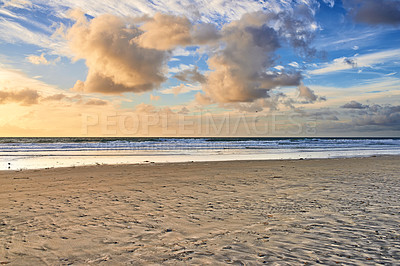 Buy stock photo Seascape, clouds and sky with beach and ocean for environment, travel destination and tropical. Summer vacation, water and nature with sea horizon for mediterranean coastline, holiday and paradise