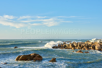 Buy stock photo Vacation, waves and rock with beach and ocean for environment, travel destination and tropical. Summer landscape, water and nature with sea horizon for mediterranean coastline, holiday and paradise