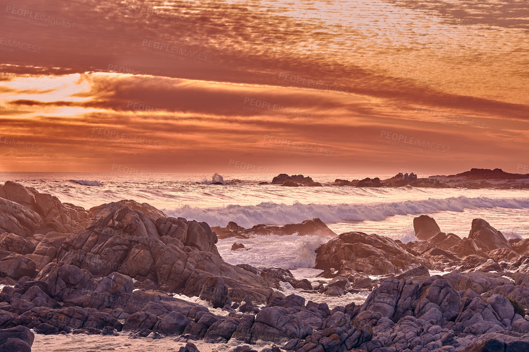 Buy stock photo Scenery, rocks and water in beach, sunset and location of environment, waves and summer in destination. Sea, stones and tropical in ocean, outdoor and adventure in morning, paradise and California