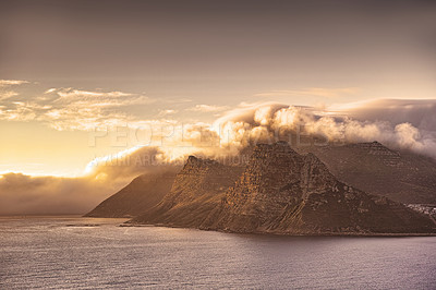 Buy stock photo Landscape, mountain and sky with island and ocean for environment, travel destination and tropical. Summer vacation, water and nature with sea for mediterranean coastline, holiday and paradise