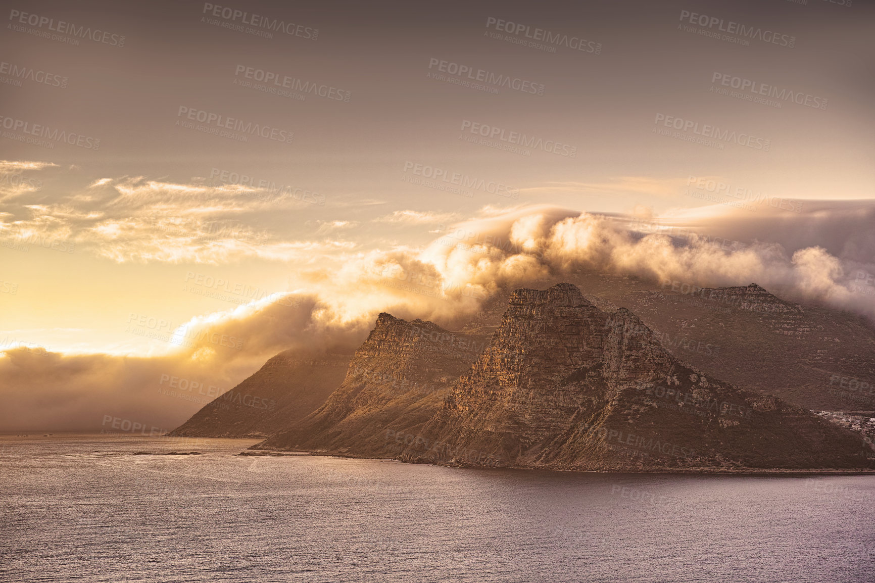 Buy stock photo Landscape, mountain and sky with island and ocean for environment, travel destination and tropical. Summer vacation, water and nature with sea for mediterranean coastline, holiday and paradise