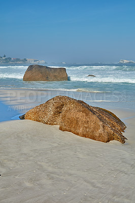 Buy stock photo Waves, rocks and water in nature, beach and scenery of environment, outdoor and summer in destination. Sea, stones and location of ocean, tropical and adventure in morning, paradise and California