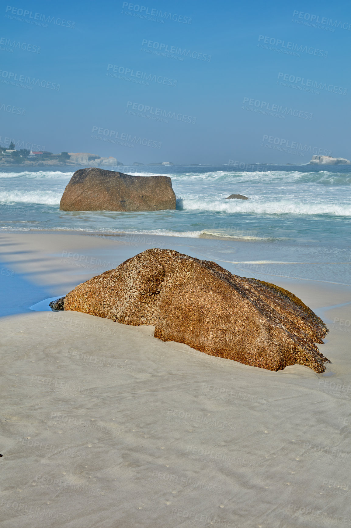 Buy stock photo Waves, rocks and water in nature, beach and scenery of environment, outdoor and summer in destination. Sea, stones and location of ocean, tropical and adventure in morning, paradise and California