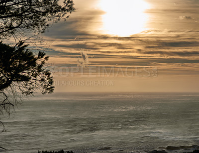 Buy stock photo Landscape, sunset and nature with beach and ocean for environment, travel destination and tropical. Summer vacation, water and trees with sea horizon for mediterranean coastline, holiday and paradise