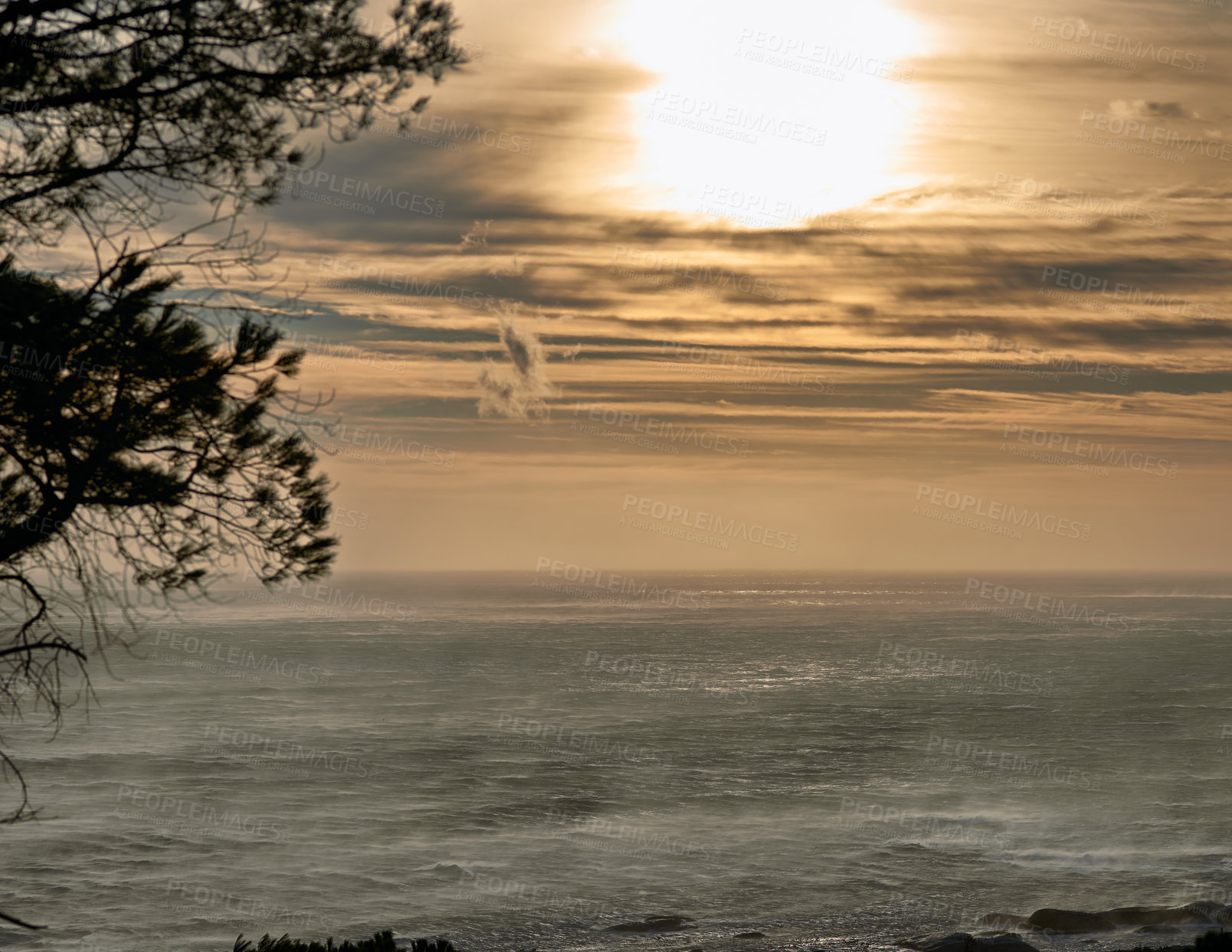 Buy stock photo Landscape, sunset and nature with beach and ocean for environment, travel destination and tropical. Summer vacation, water and trees with sea horizon for mediterranean coastline, holiday and paradise